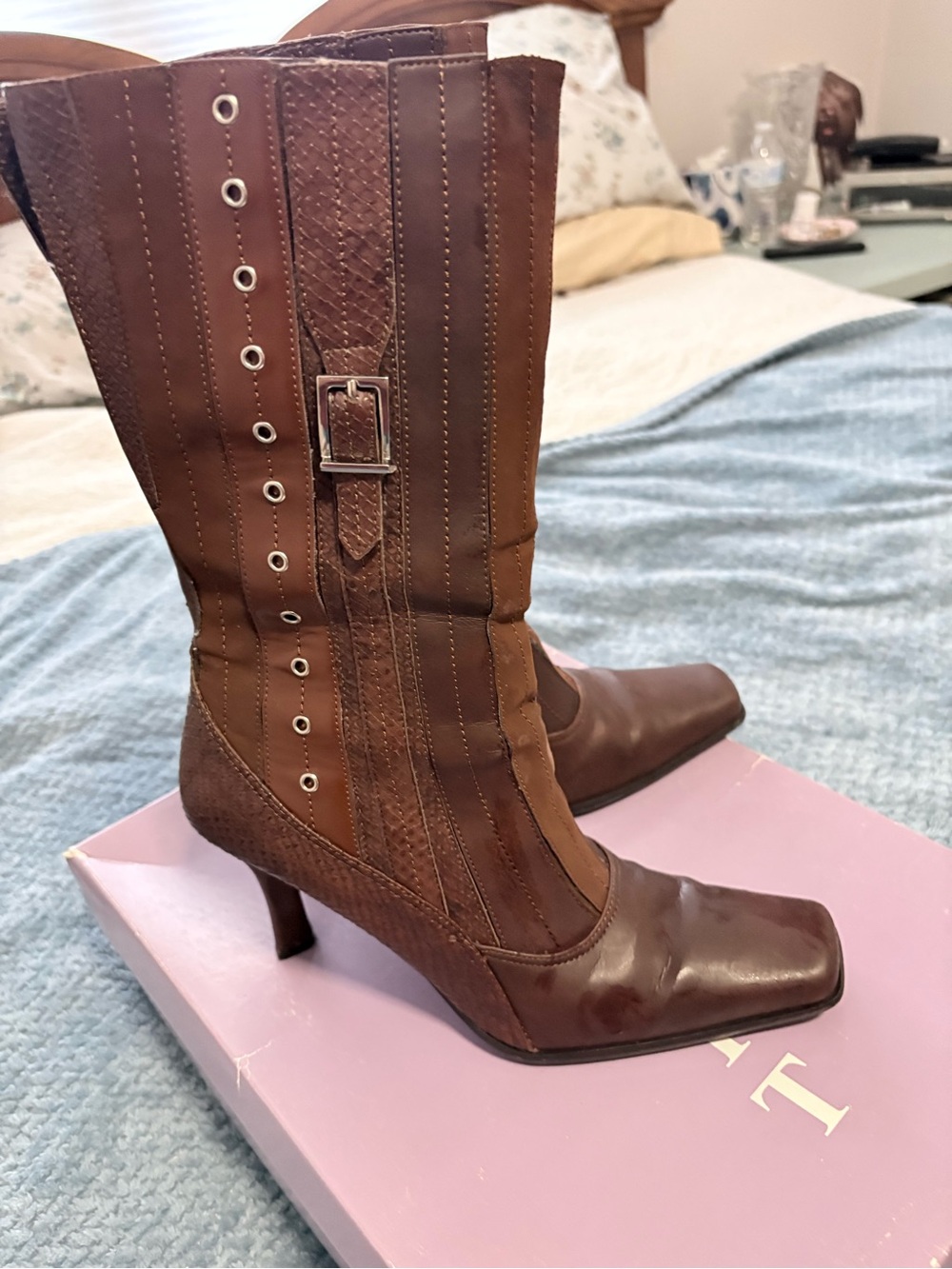 New York Transit Brown Mid-Calf Heeled Boots with Buckle Accent - retro 80’s